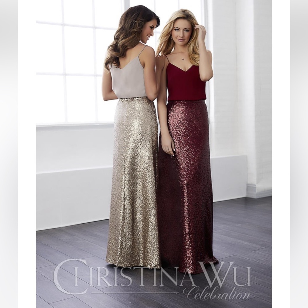 Christina Wu Gold and Burgundy Sequin Maxi Skirts